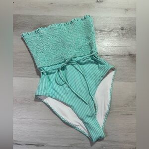 Chelsea 28 Smocked Strapless Tie Waist One Piece Swimsuit, Aqua Stripe, Size Med
